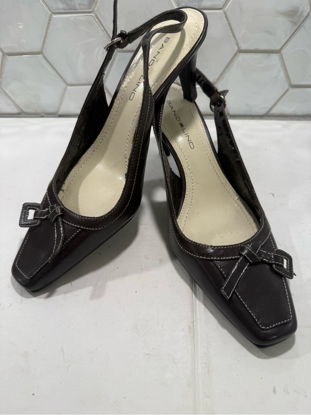 Bandolino Women’s Brown Leather Slingback Heels Square Toe Buckle Sz 7 M